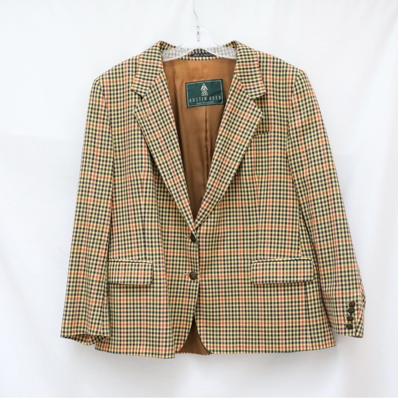 Austin Reed double button classic blazer suit jacket 14 plaid check tan Academia
